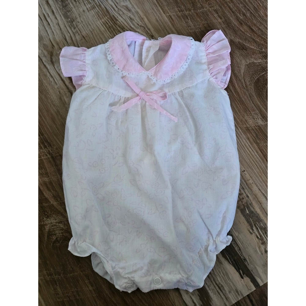 Vintage Baby Girl Pink Floral Bubble Romper Lace Collar Flutter Sleeve 3-6M